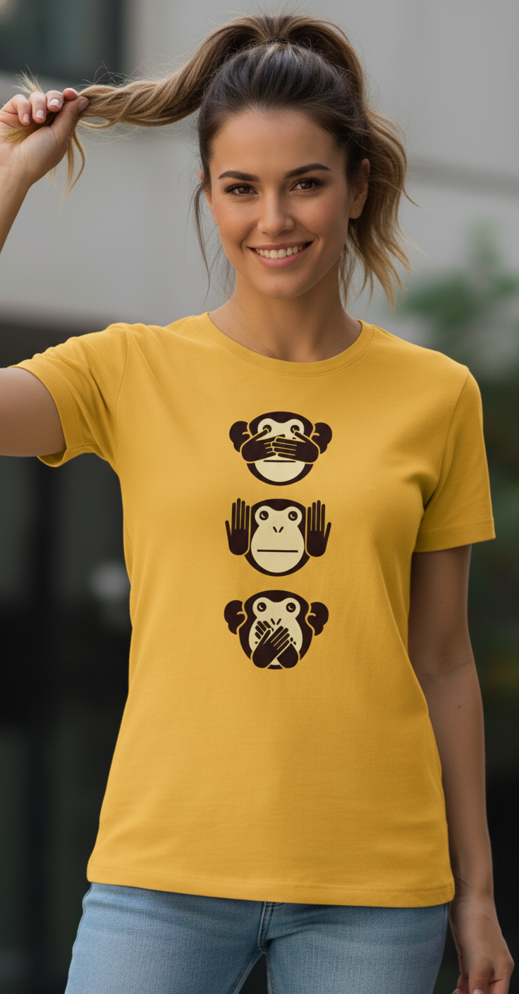 Mustard Yellow Three Wise Monkeys Graphic T-Shirt