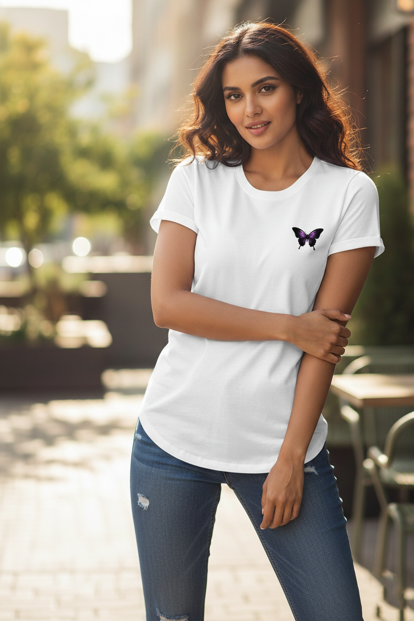 White T-Shirt with Purple Butterfly Print