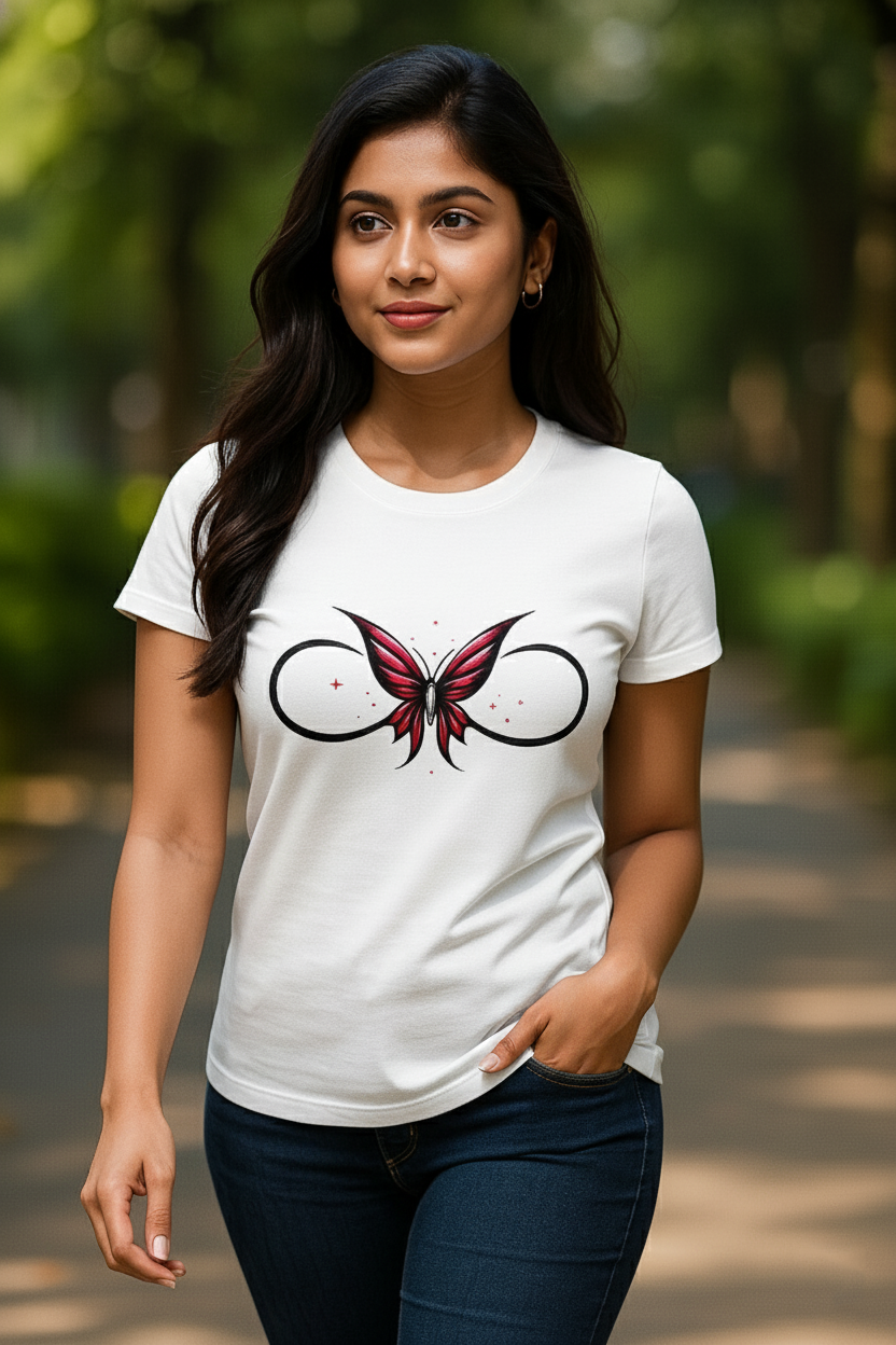 White T-Shirt with Pink Butterfly Infinity Print