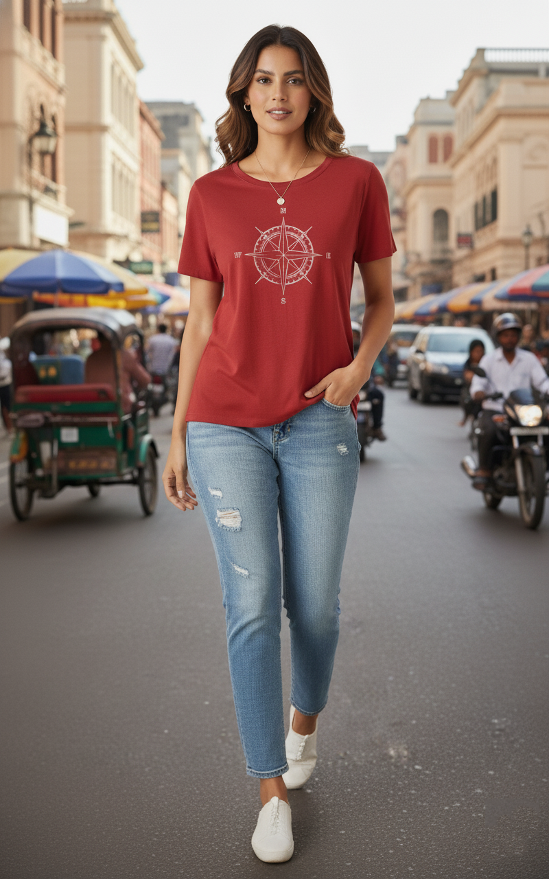 Maroon T-Shirt with Compass Graphic Print