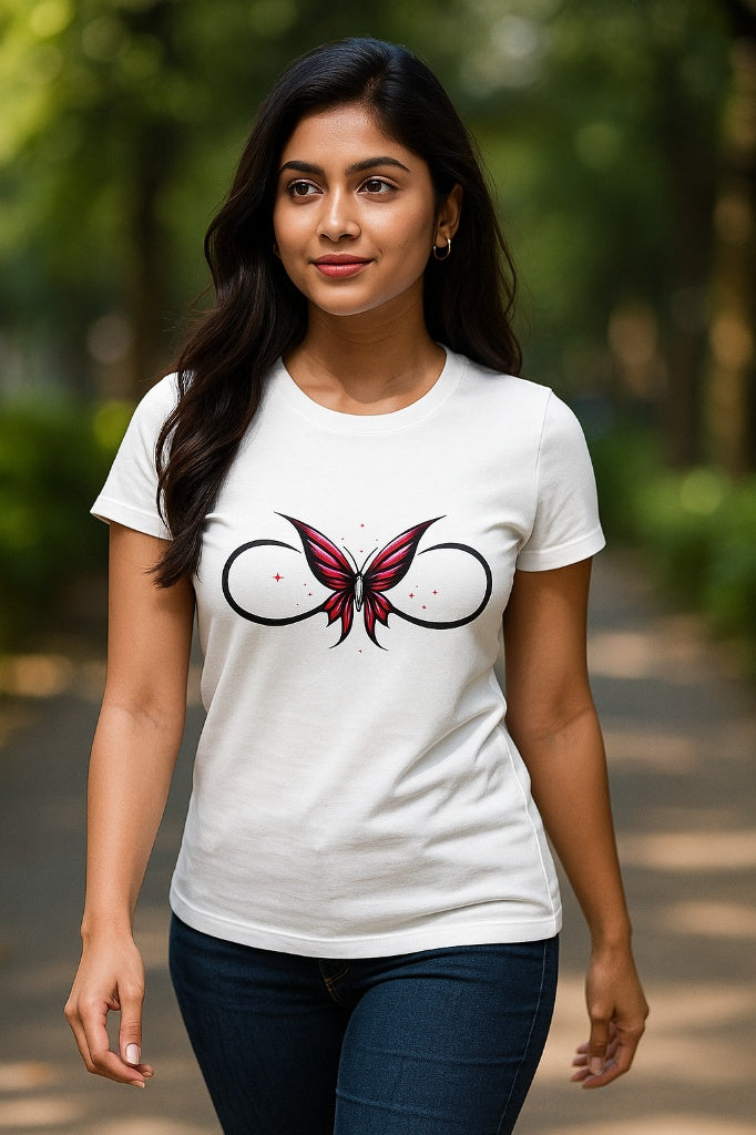 White T-Shirt with Pink Butterfly Infinity Print