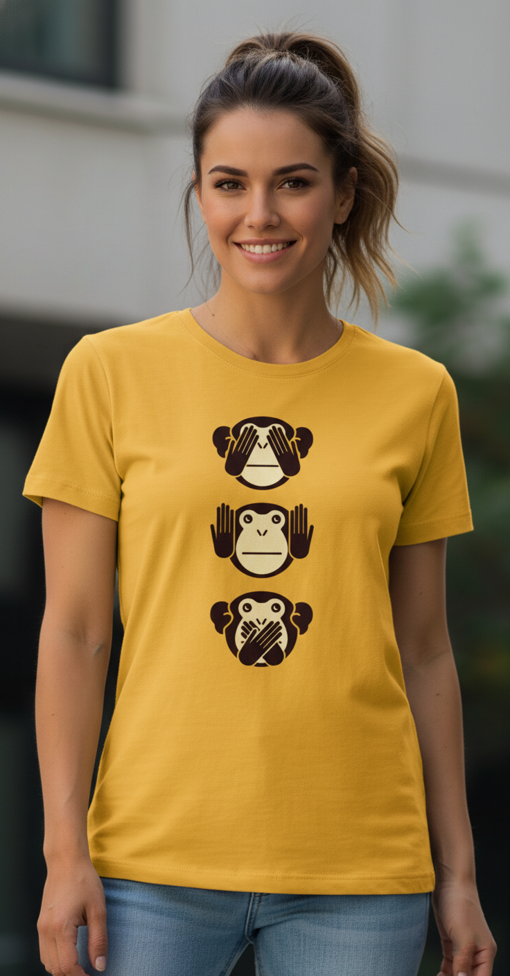Mustard Yellow Three Wise Monkeys Graphic T-Shirt