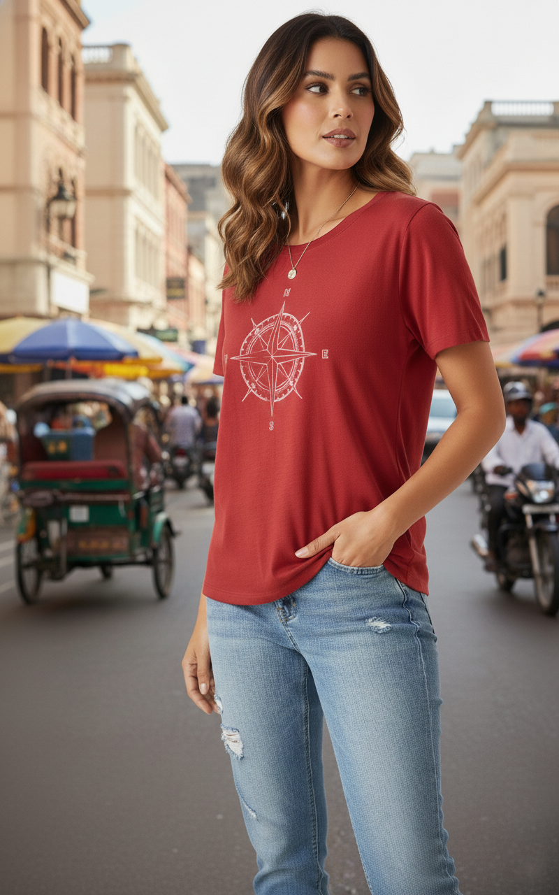 Maroon T-Shirt with Compass Graphic Print
