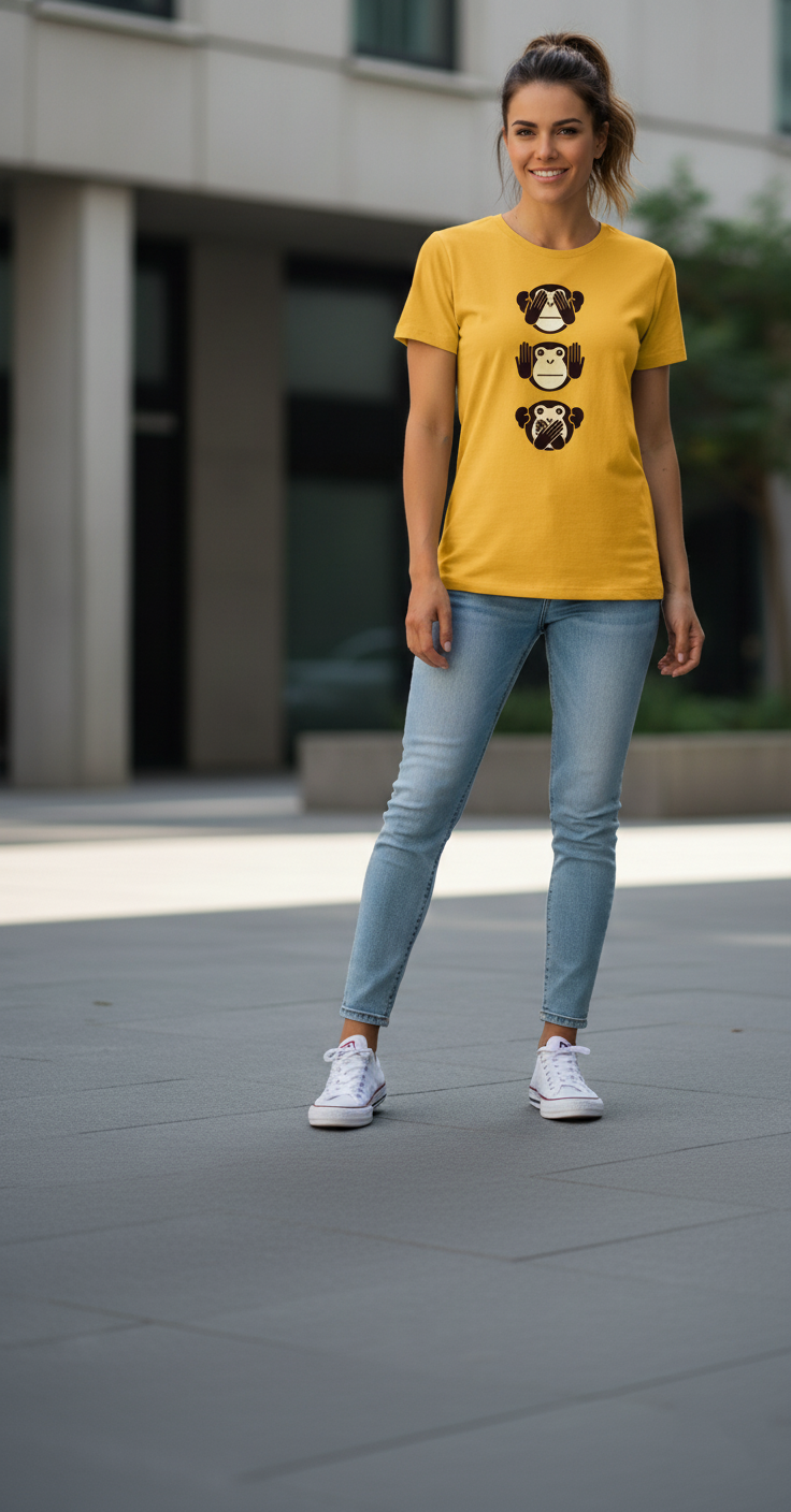 Mustard Yellow Three Wise Monkeys Graphic T-Shirt