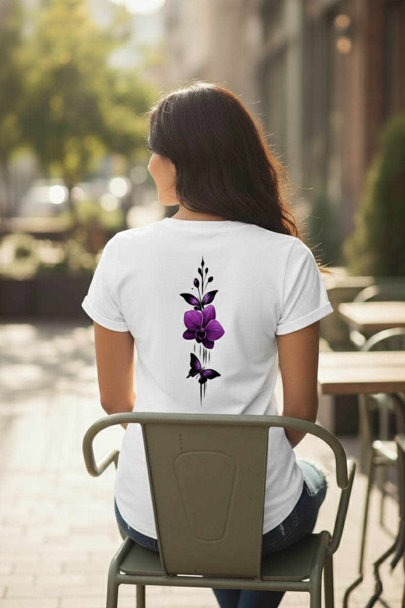 White T-Shirt with Purple Butterfly Print