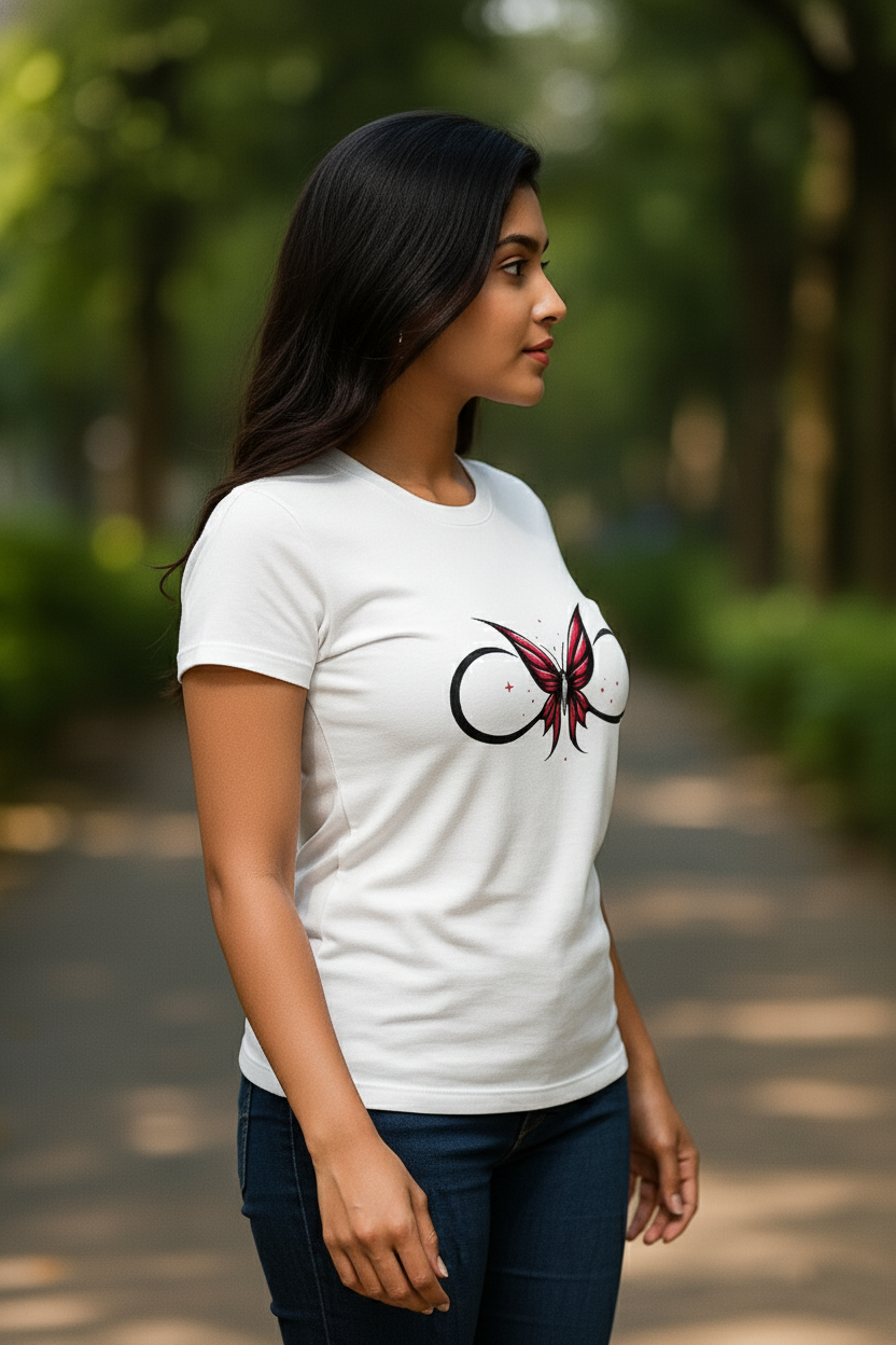 White T-Shirt with Pink Butterfly Infinity Print