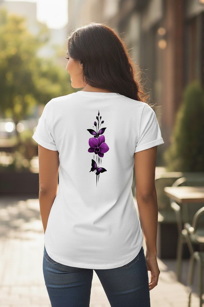 White T-Shirt with Purple Butterfly Print