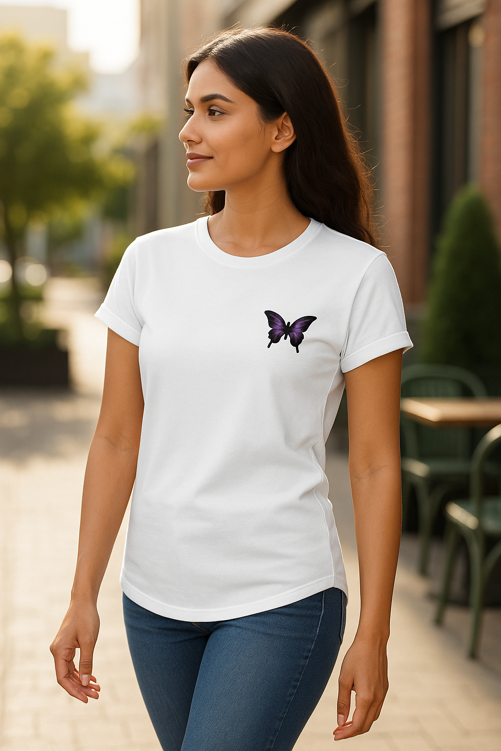 White T-Shirt with Purple Butterfly Print